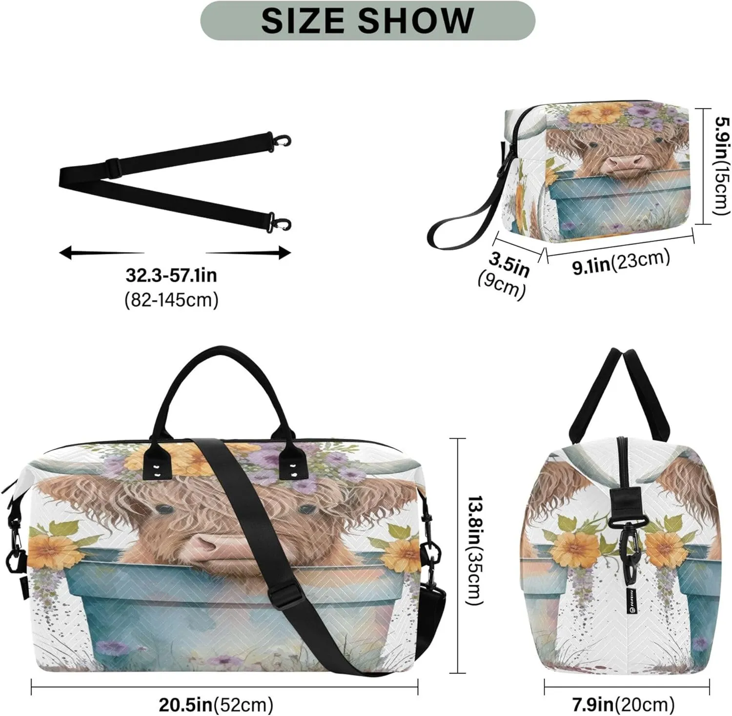 Exnundod Women Weekender Bags Highland Cartoon Cow-calf Travel Duffel Bags Carry On Overnight Bag Flowers Spring Large Hospital Tote Luggage