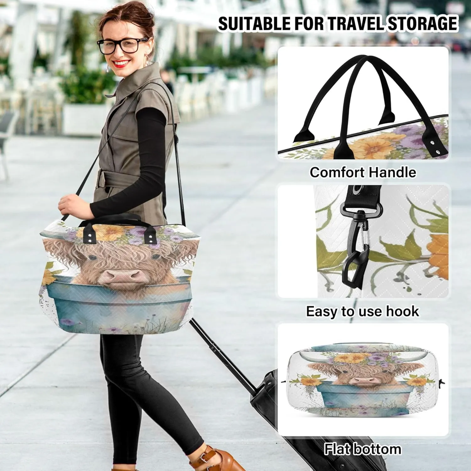 Exnundod Women Weekender Bags Highland Cartoon Cow-calf Travel Duffel Bags Carry On Overnight Bag Flowers Spring Large Hospital Tote Luggage