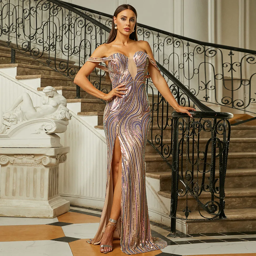 Exquisite Off-Shoulder Long Sequin Fishtail Evening Gown for Glamorous Occasions