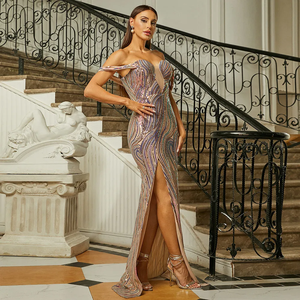Exquisite Off-Shoulder Long Sequin Fishtail Evening Gown for Glamorous Occasions