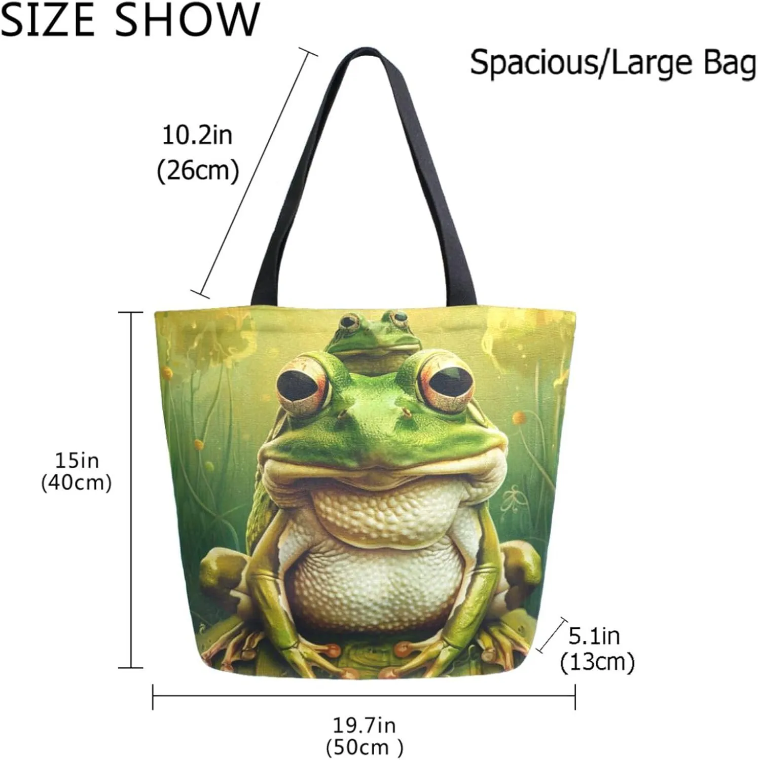 Extra Large Canvas Shoulder Tote Bag, Fairy Tale Pond Frog Family Durable Daily Womens Handle Bag for Gym Yoga Weekender Picnic Beach Travel Kitchen Reusable Market Grocery Shopping