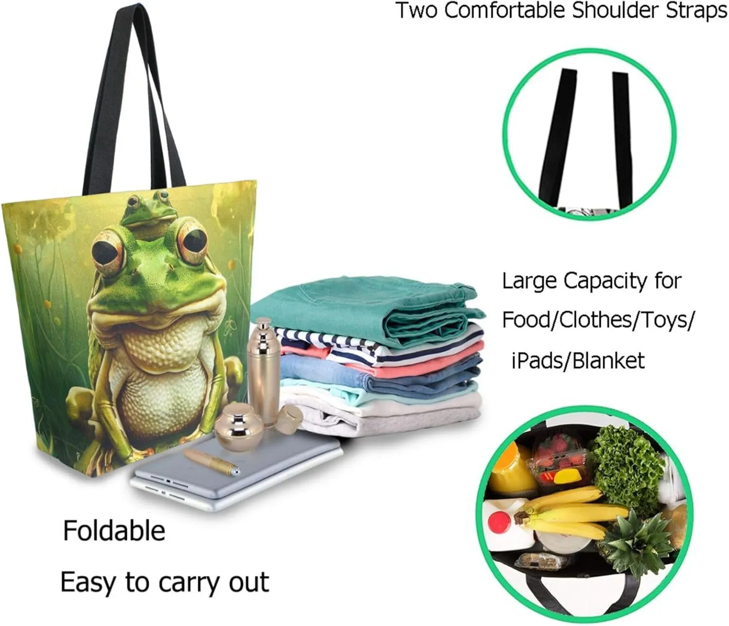 Extra Large Canvas Shoulder Tote Bag, Fairy Tale Pond Frog Family Durable Daily Womens Handle Bag for Gym Yoga Weekender Picnic Beach Travel Kitchen Reusable Market Grocery Shopping