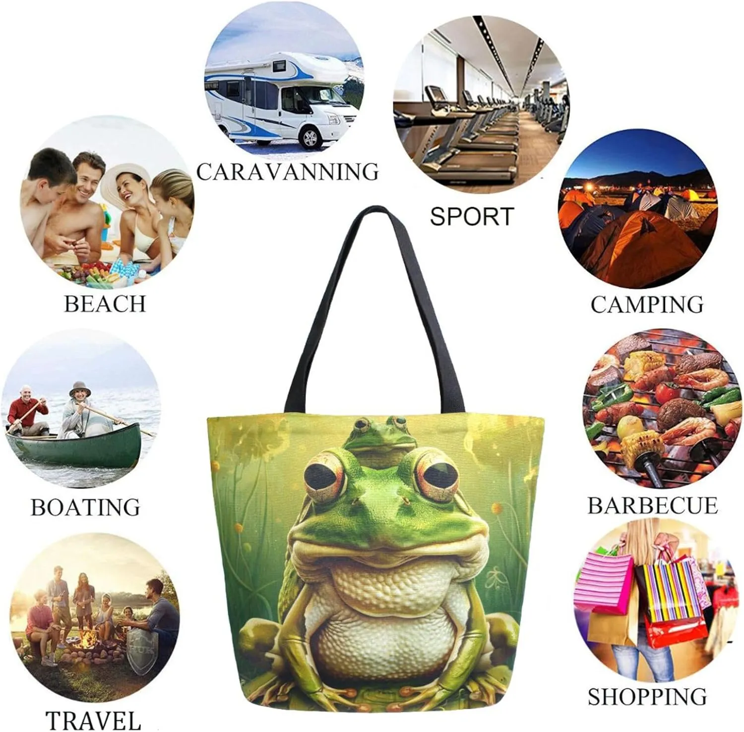 Extra Large Canvas Shoulder Tote Bag, Fairy Tale Pond Frog Family Durable Daily Womens Handle Bag for Gym Yoga Weekender Picnic Beach Travel Kitchen Reusable Market Grocery Shopping