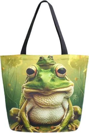 Extra Large Canvas Shoulder Tote Bag, Fairy Tale Pond Frog Family Durable Daily Womens Handle Bag for Gym Yoga Weekender Picnic Beach Travel Kitchen Reusable Market Grocery Shopping