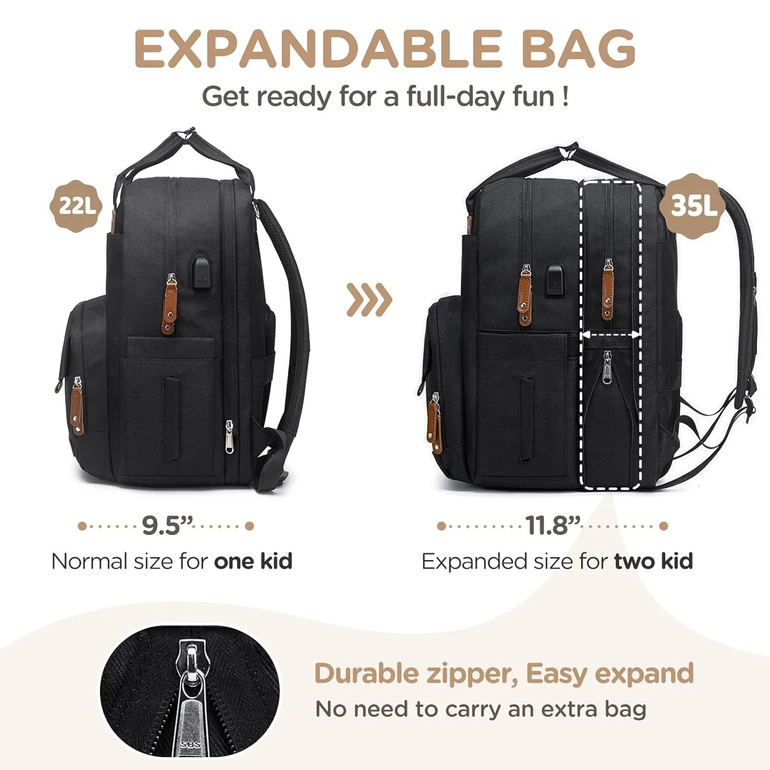 Extra Large Diaper Bag for 2 Kids - Expandable 35L Twin Diapers Bags Backpack with 4 Insulated & 16" Laptop Pocket & 2 Compartments - Big Baby Backpacks - Travel Pañaleras Para Bebe, Unisex