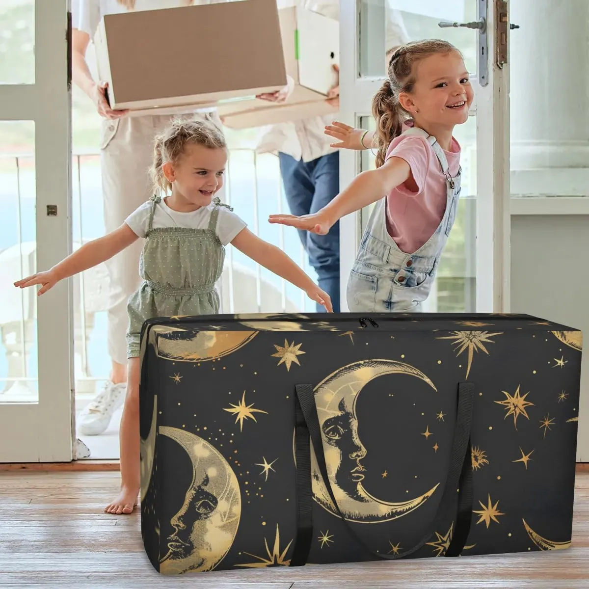 Extra Large Moving Bags with Zippers & Carrying Handles Heavy-Duty Storage Tote for Space Saving Moon Star