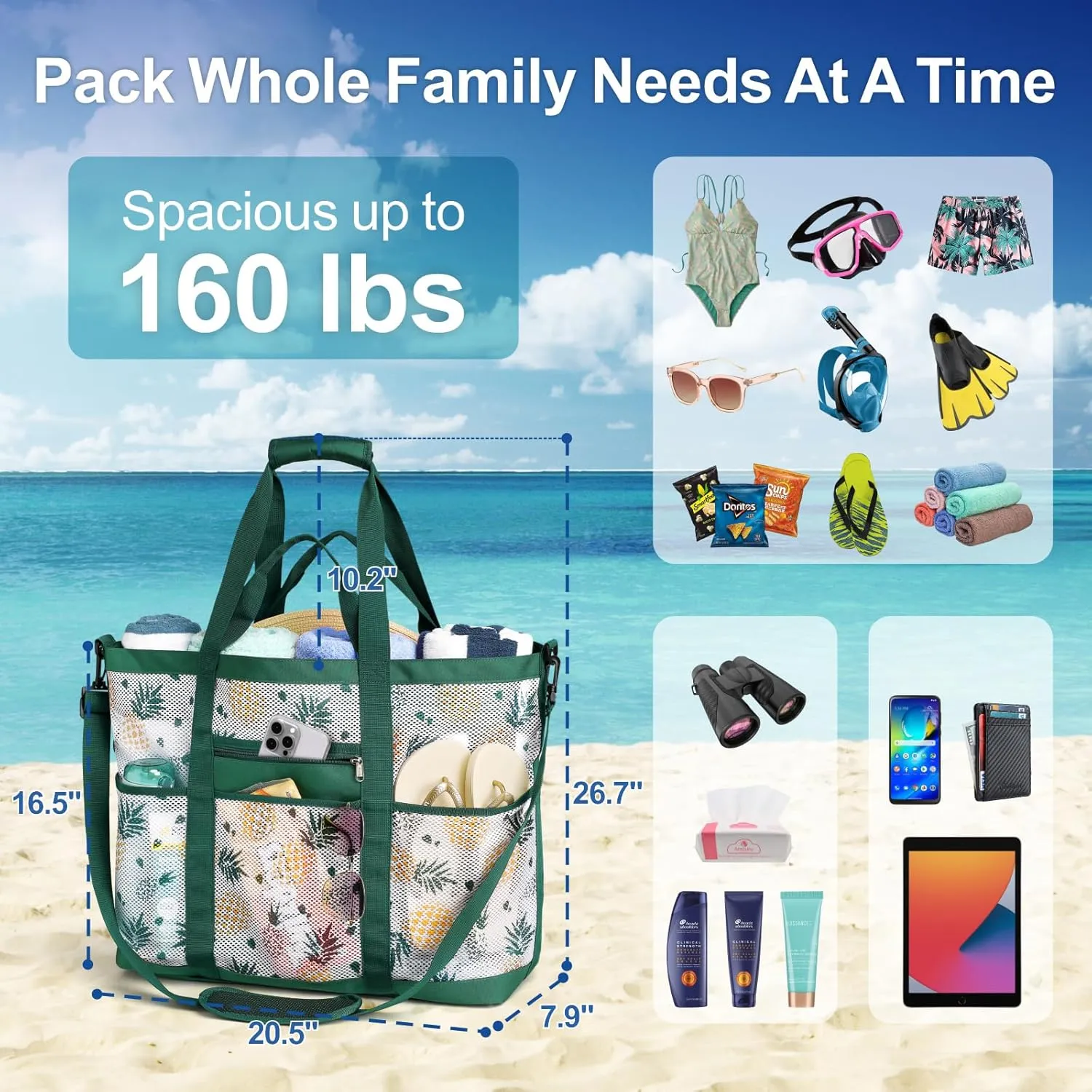 F-color Mesh Beach Bag Family - Beach Tote Bag Cruise Vacation Essentials, XL