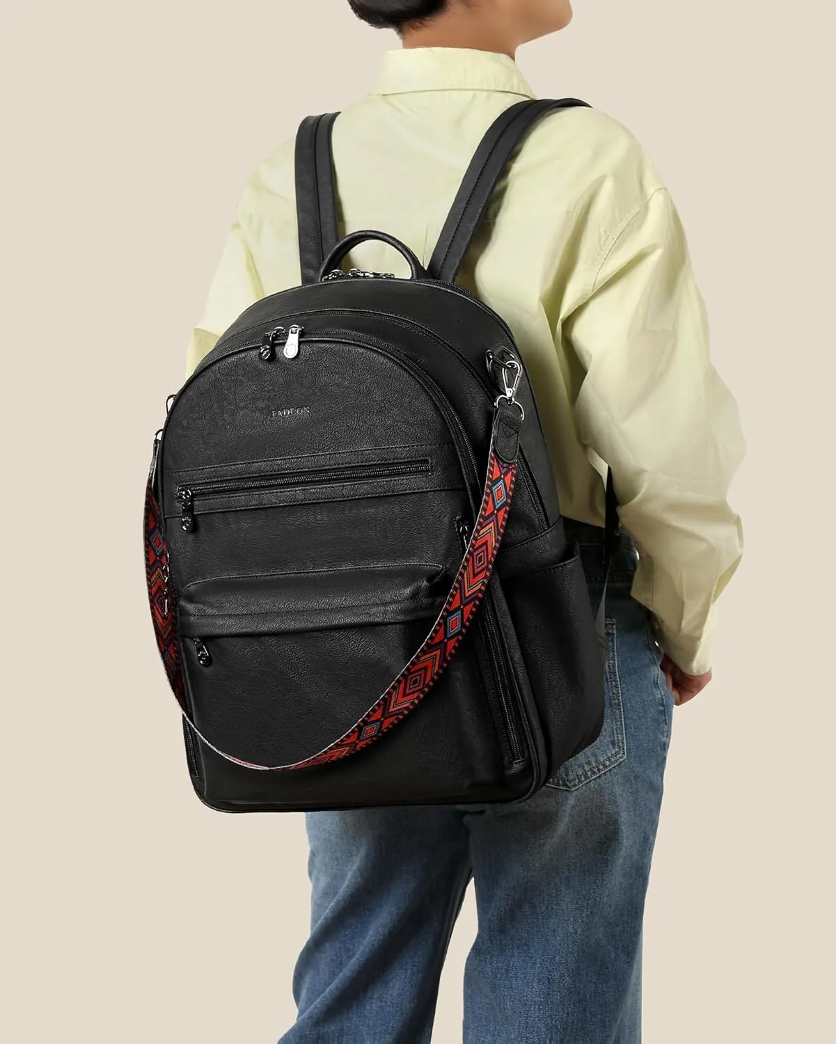 FADEON 15.6 inch Laptop Backpack Purse for Women Designer PU Leather Computer Backpacks Fashion for Work Travel Black