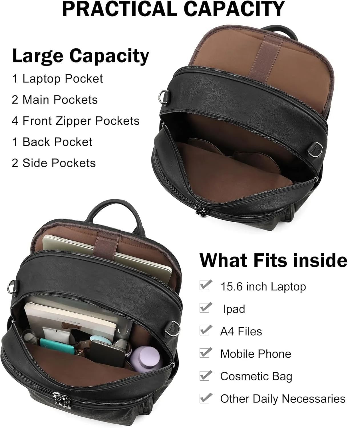 FADEON 15.6 inch Laptop Backpack Purse for Women Designer PU Leather Computer Backpacks Fashion for Work Travel Black