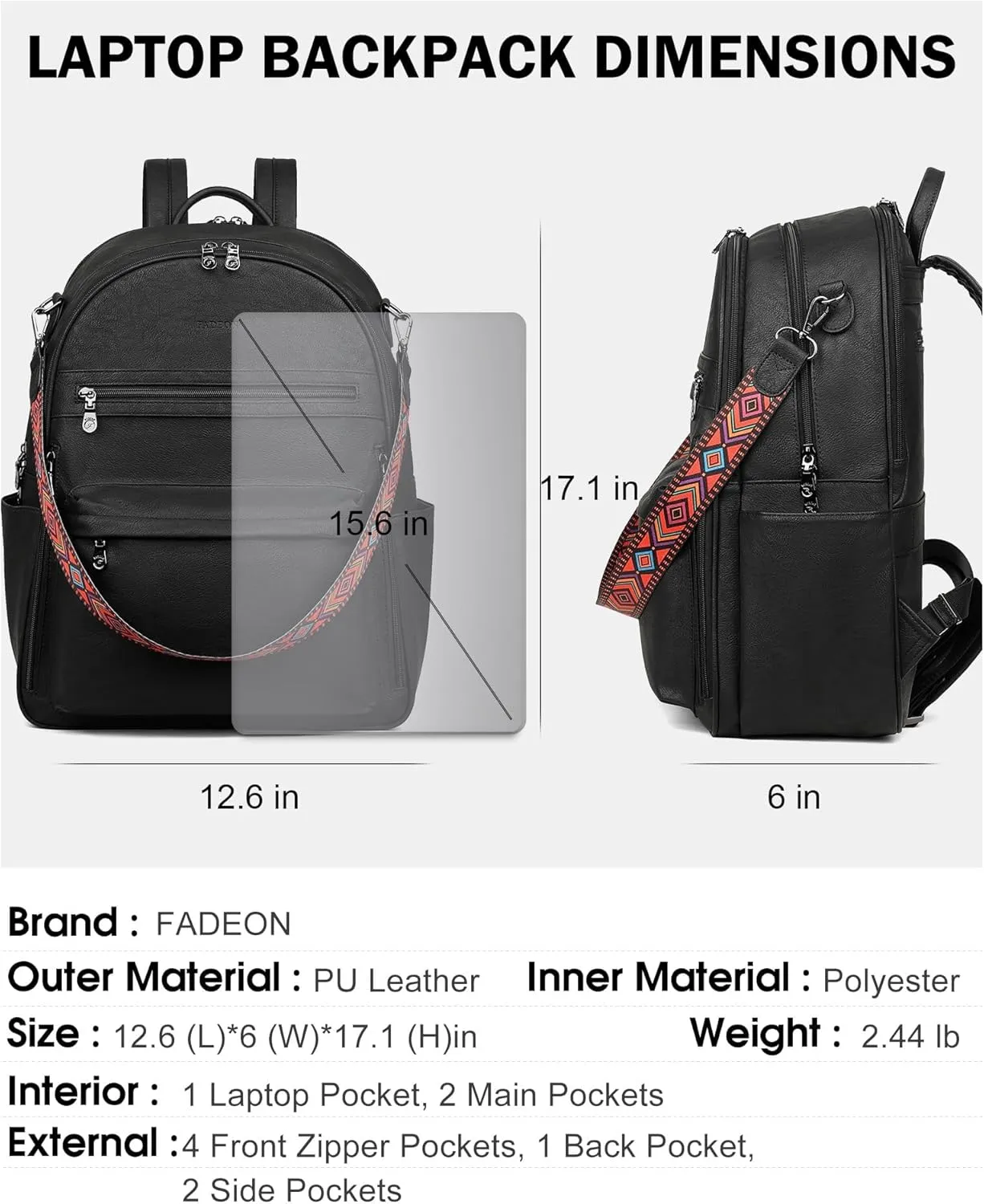 FADEON 15.6 inch Laptop Backpack Purse for Women Designer PU Leather Computer Backpacks Fashion for Work Travel Black