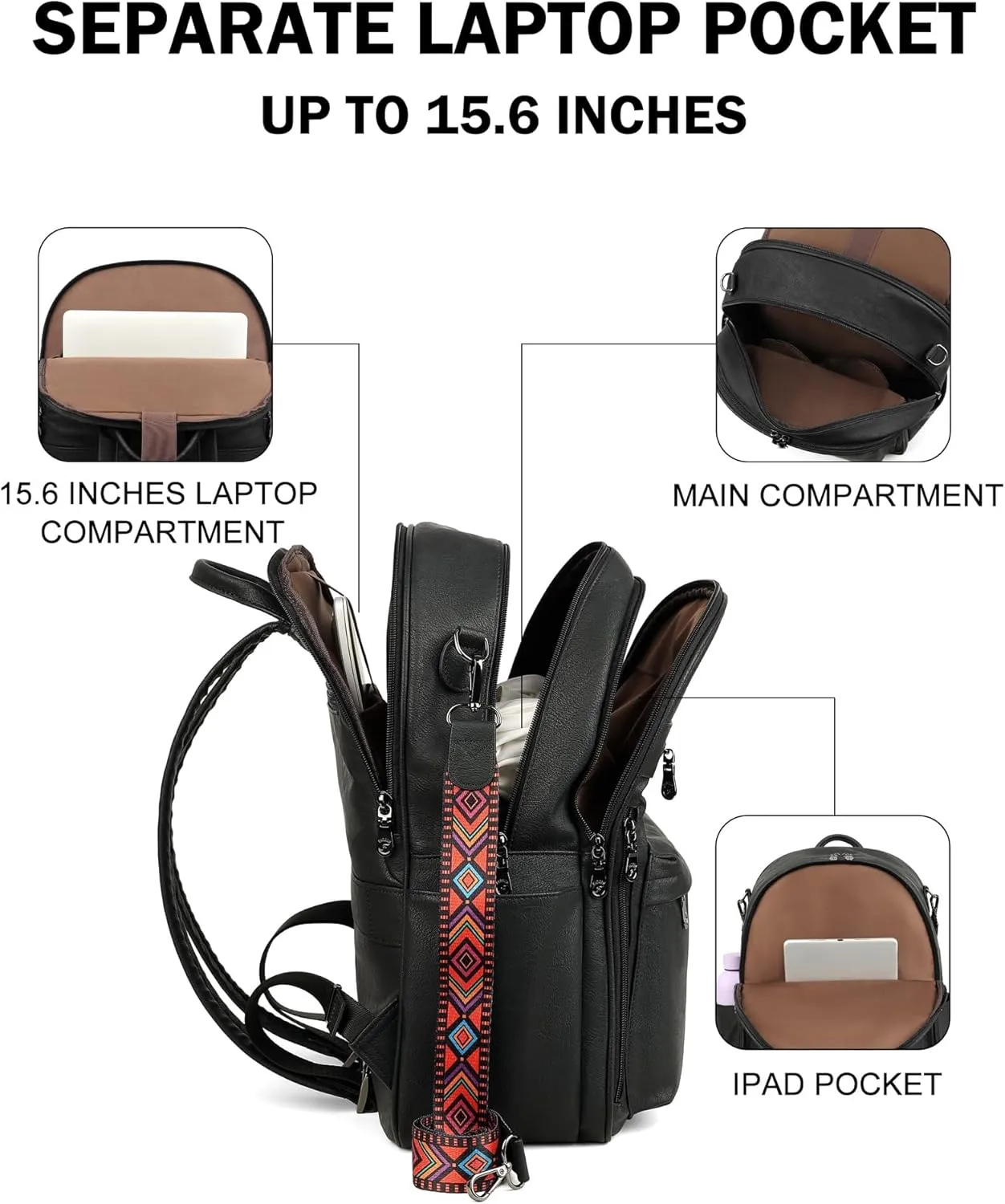 FADEON 15.6 inch Laptop Backpack Purse for Women Designer PU Leather Computer Backpacks Fashion for Work Travel Black