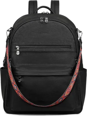 FADEON 15.6 inch Laptop Backpack Purse for Women Designer PU Leather Computer Backpacks Fashion for Work Travel Black