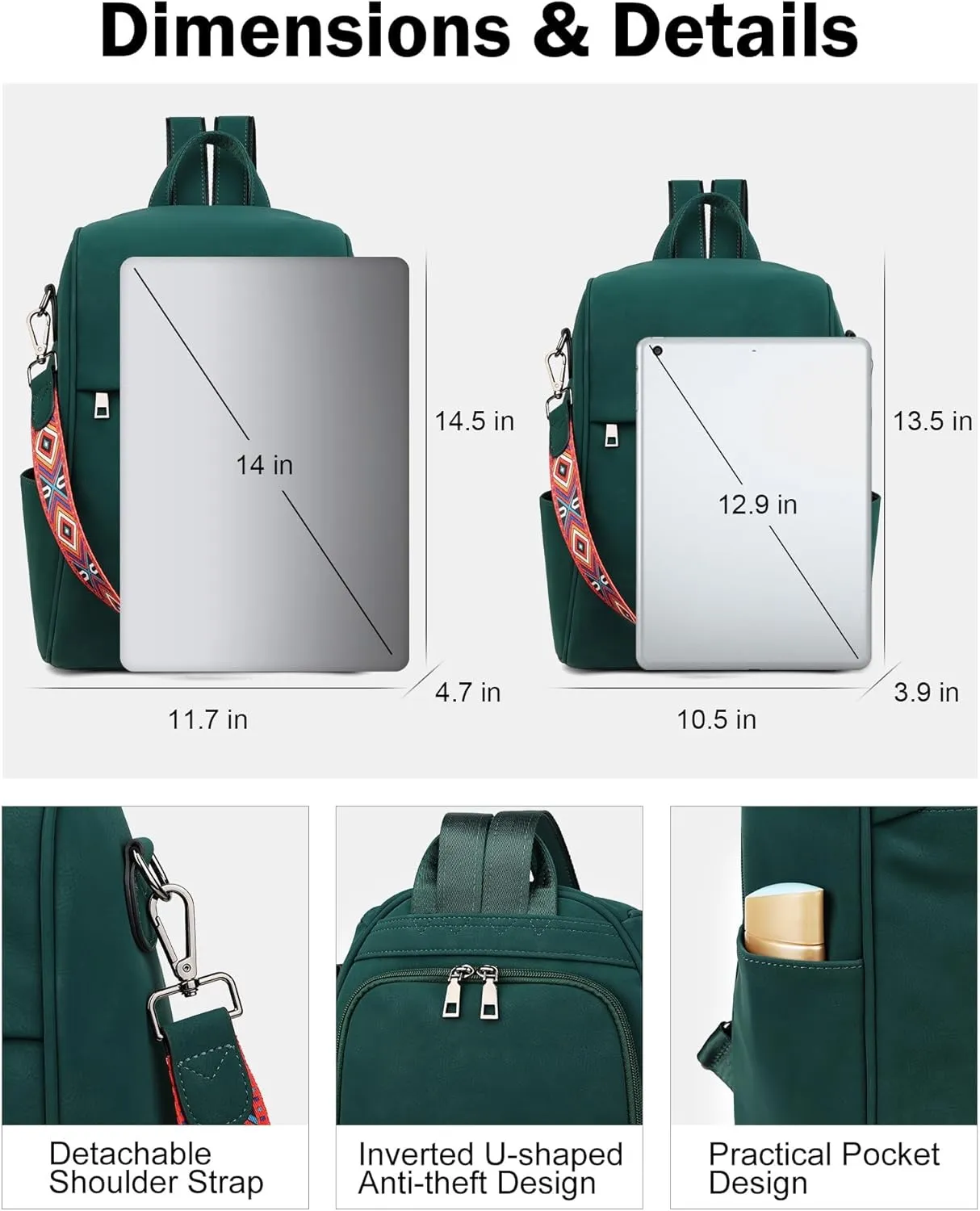 FADEON Anti Theft Backpack for Women Faux Leather Backpack Purse, Back Opening Medium Backpacks Fashion Work Bag Suede Green
