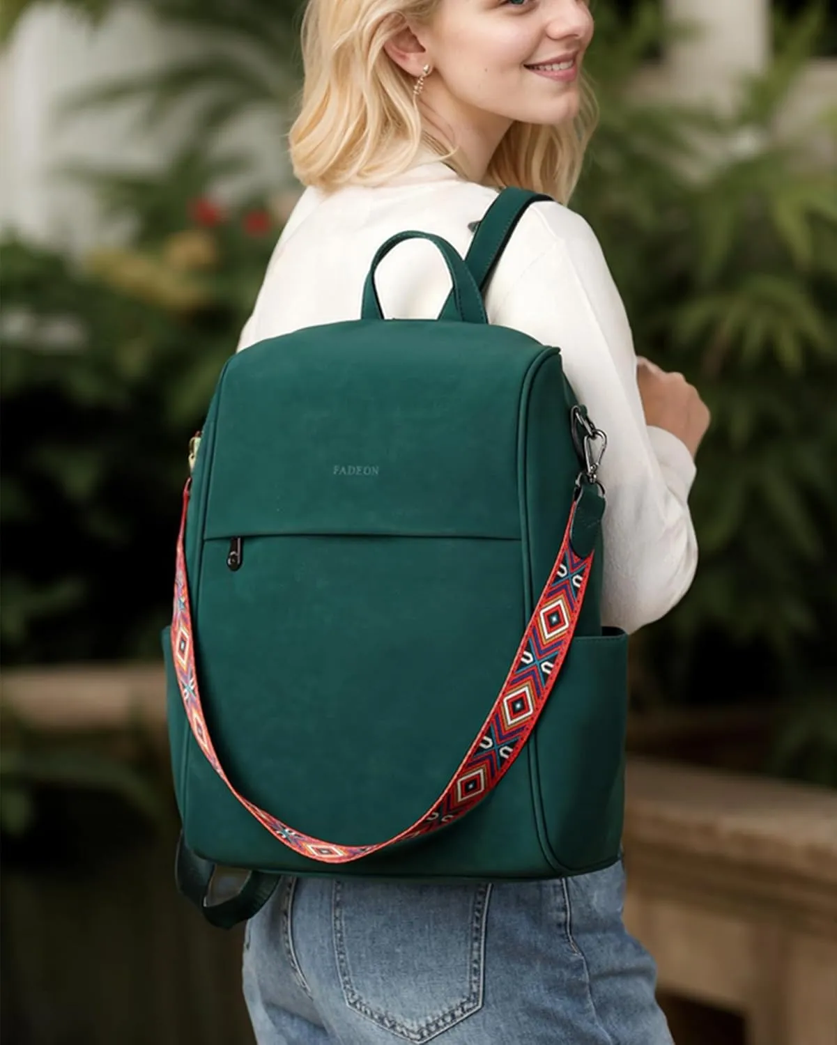 FADEON Anti Theft Backpack for Women Faux Leather Backpack Purse, Back Opening Medium Backpacks Fashion Work Bag Suede Green