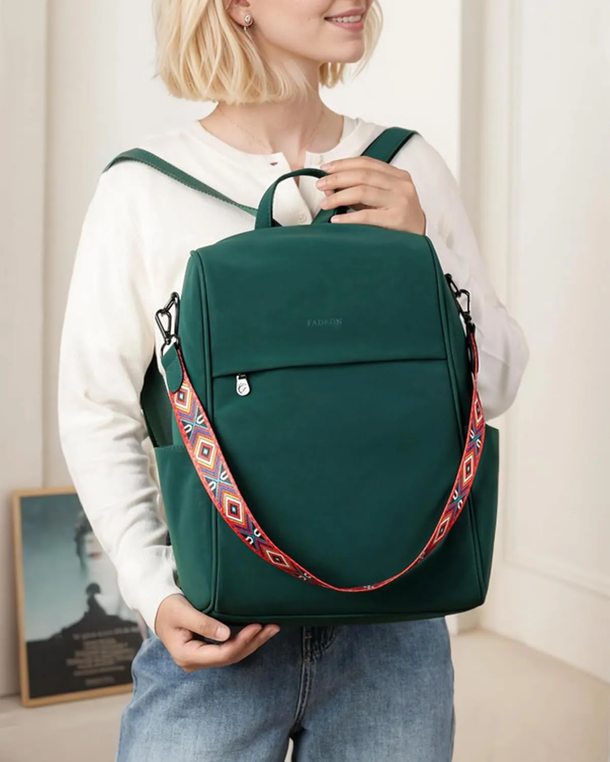 FADEON Anti Theft Backpack for Women Faux Leather Backpack Purse, Back Opening Medium Backpacks Fashion Work Bag Suede Green