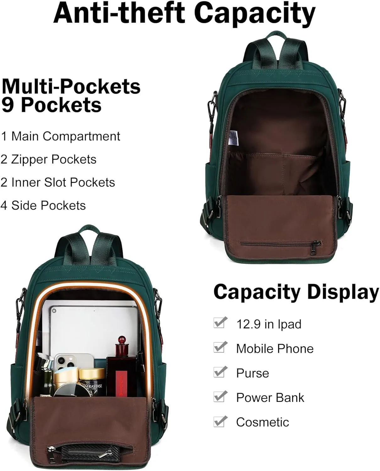 FADEON Anti Theft Backpack for Women Faux Leather Backpack Purse, Back Opening Medium Backpacks Fashion Work Bag Suede Green
