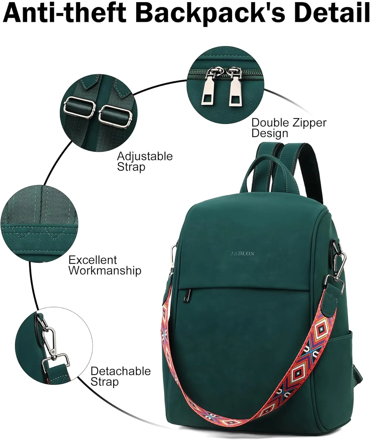 FADEON Anti Theft Backpack for Women Faux Leather Backpack Purse, Back Opening Medium Backpacks Fashion Work Bag Suede Green
