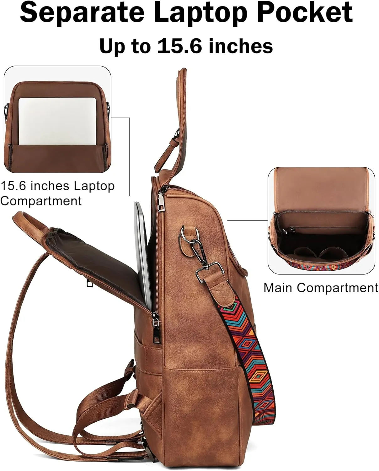 FADEON Laptop Backpack for Women Leather Travel Backpack with Laptop Compartment, Designer Ladies Computer Backpacks Brown