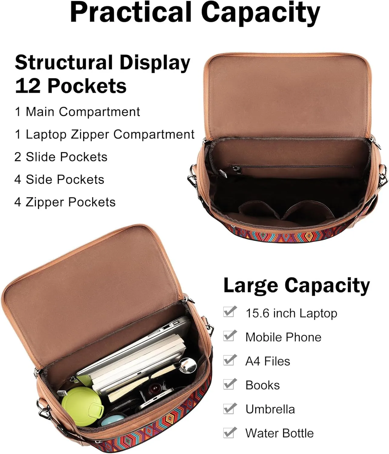 FADEON Laptop Backpack for Women Leather Travel Backpack with Laptop Compartment, Designer Ladies Computer Backpacks Brown