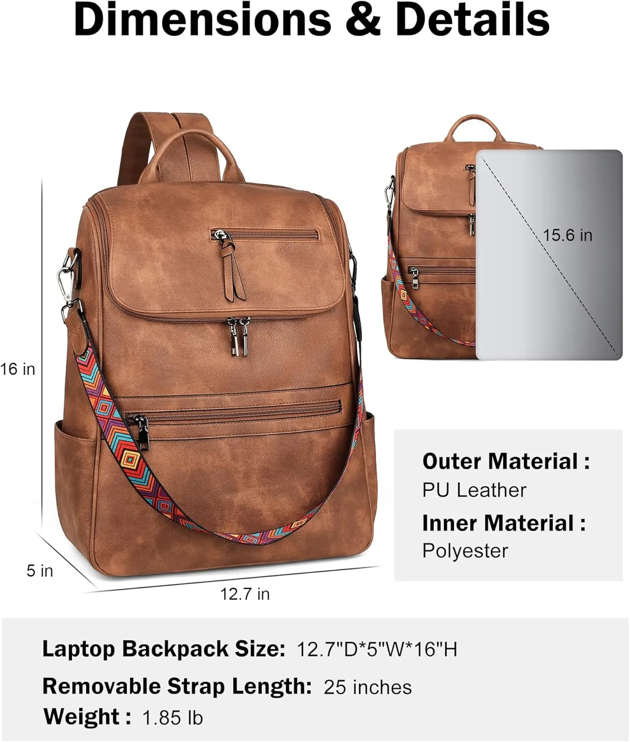 FADEON Laptop Backpack for Women Leather Travel Backpack with Laptop Compartment, Designer Ladies Computer Backpacks Brown