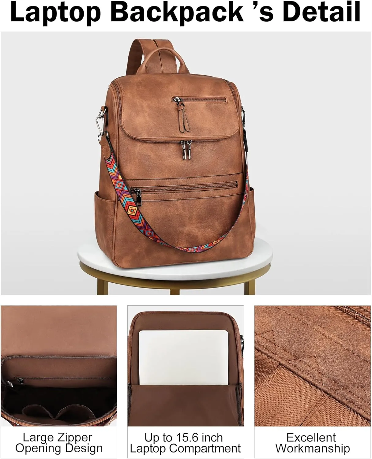FADEON Laptop Backpack for Women Leather Travel Backpack with Laptop Compartment, Designer Ladies Computer Backpacks Brown