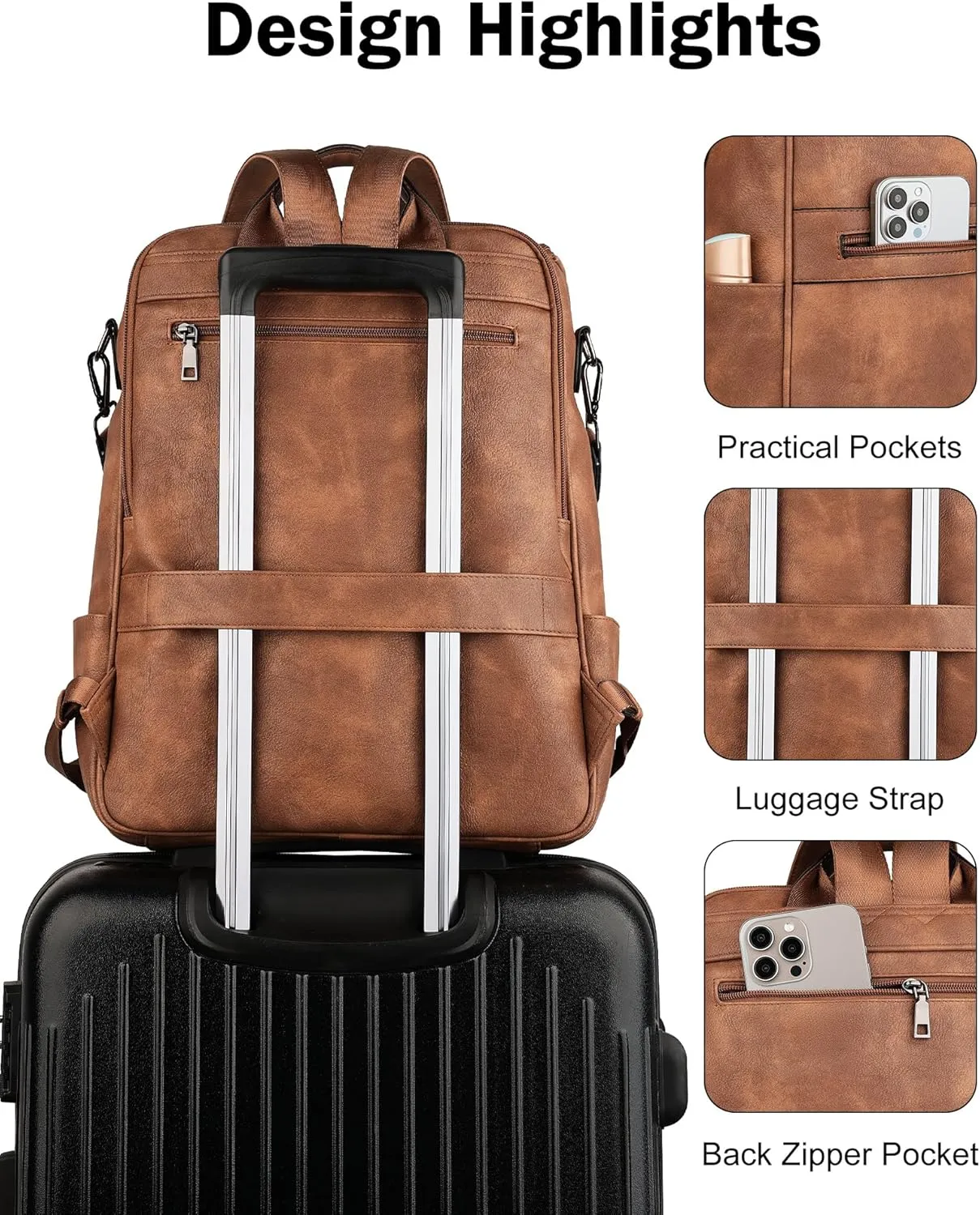 FADEON Laptop Backpack for Women Leather Travel Backpack with Laptop Compartment, Designer Ladies Computer Backpacks Brown