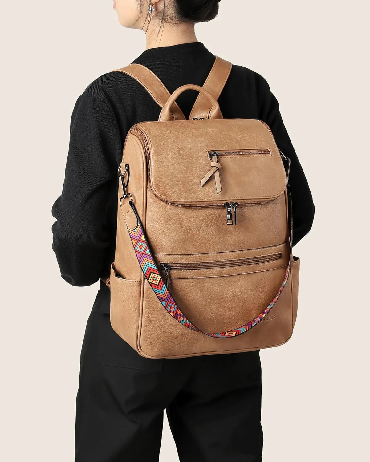 FADEON Laptop Backpack for Women Leather Travel Backpack with Laptop Compartment, Designer Ladies Computer Backpacks Camel