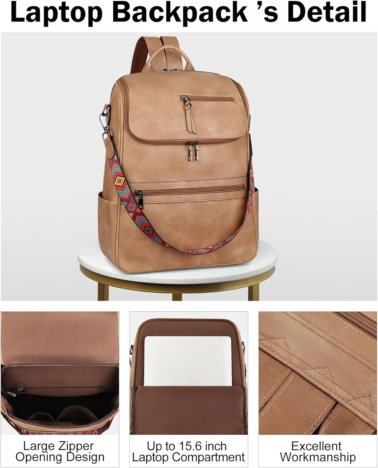 FADEON Laptop Backpack for Women Leather Travel Backpack with Laptop Compartment, Designer Ladies Computer Backpacks Camel