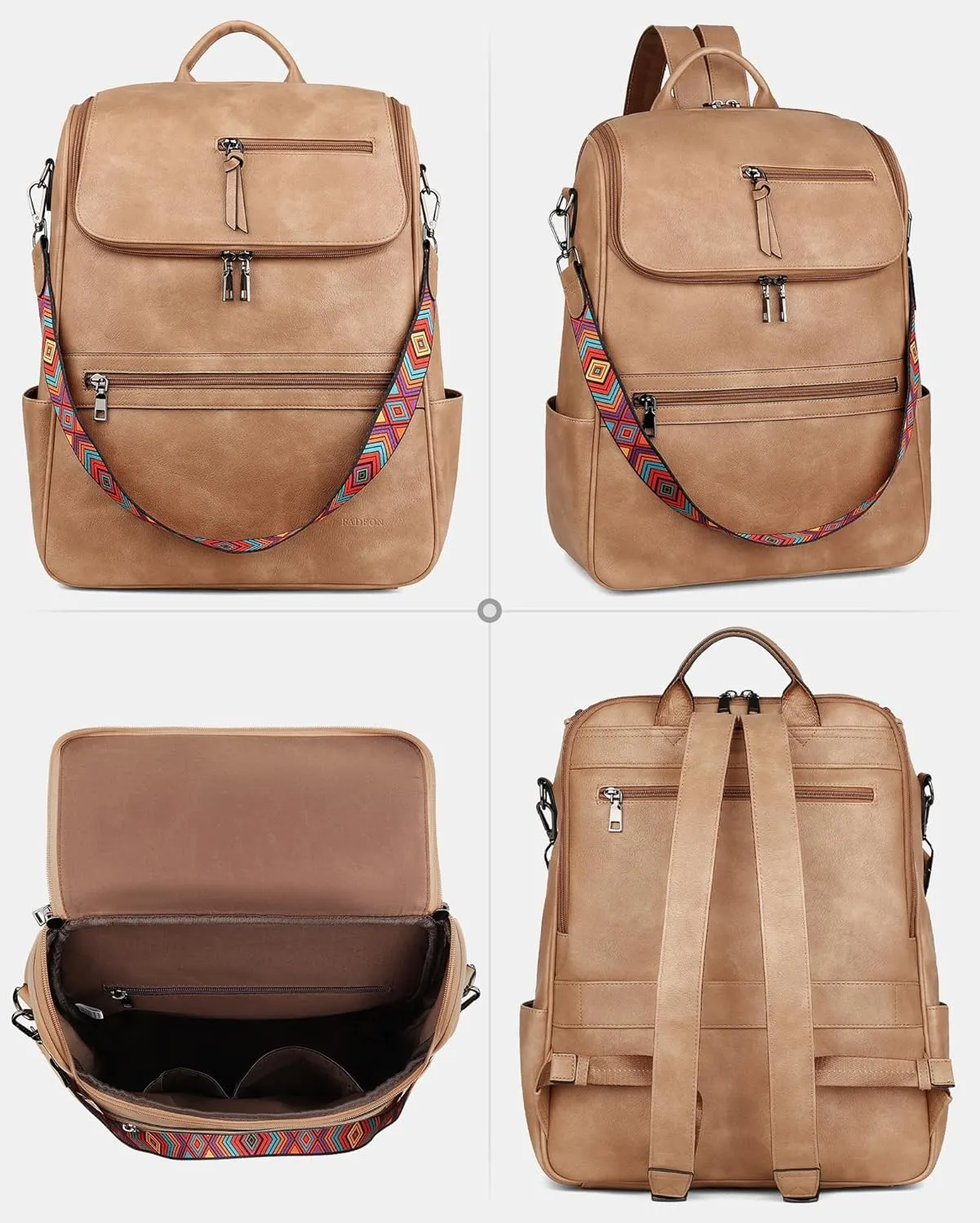 FADEON Laptop Backpack for Women Leather Travel Backpack with Laptop Compartment, Designer Ladies Computer Backpacks Camel