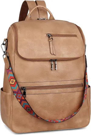 FADEON Laptop Backpack for Women Leather Travel Backpack with Laptop Compartment, Designer Ladies Computer Backpacks Camel