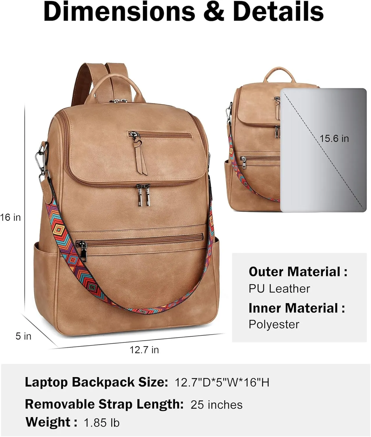 FADEON Laptop Backpack for Women Leather Travel Backpack with Laptop Compartment, Designer Ladies Computer Backpacks Camel