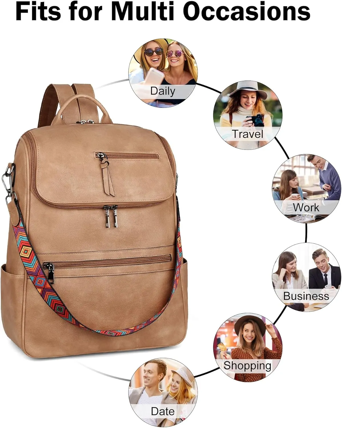 FADEON Laptop Backpack for Women Leather Travel Backpack with Laptop Compartment, Designer Ladies Computer Backpacks Camel