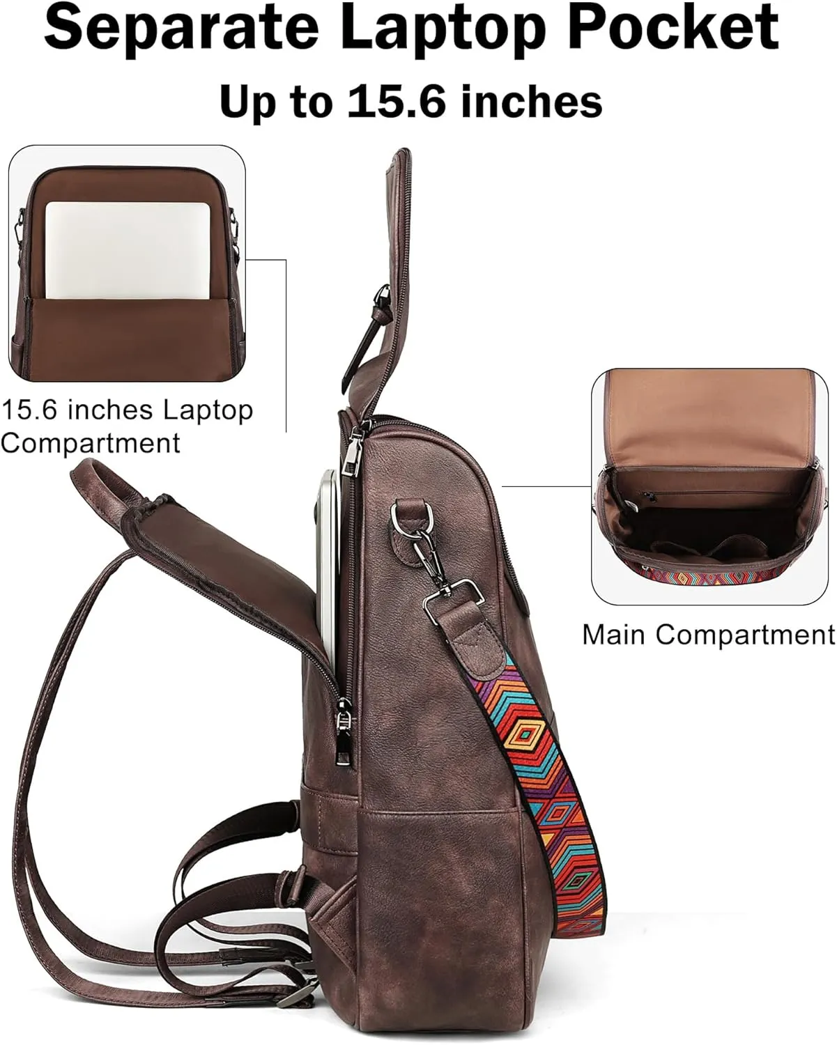 FADEON Laptop Backpack for Women Leather Travel Backpack with Laptop Compartment, Designer Ladies Computer Backpacks Coffee