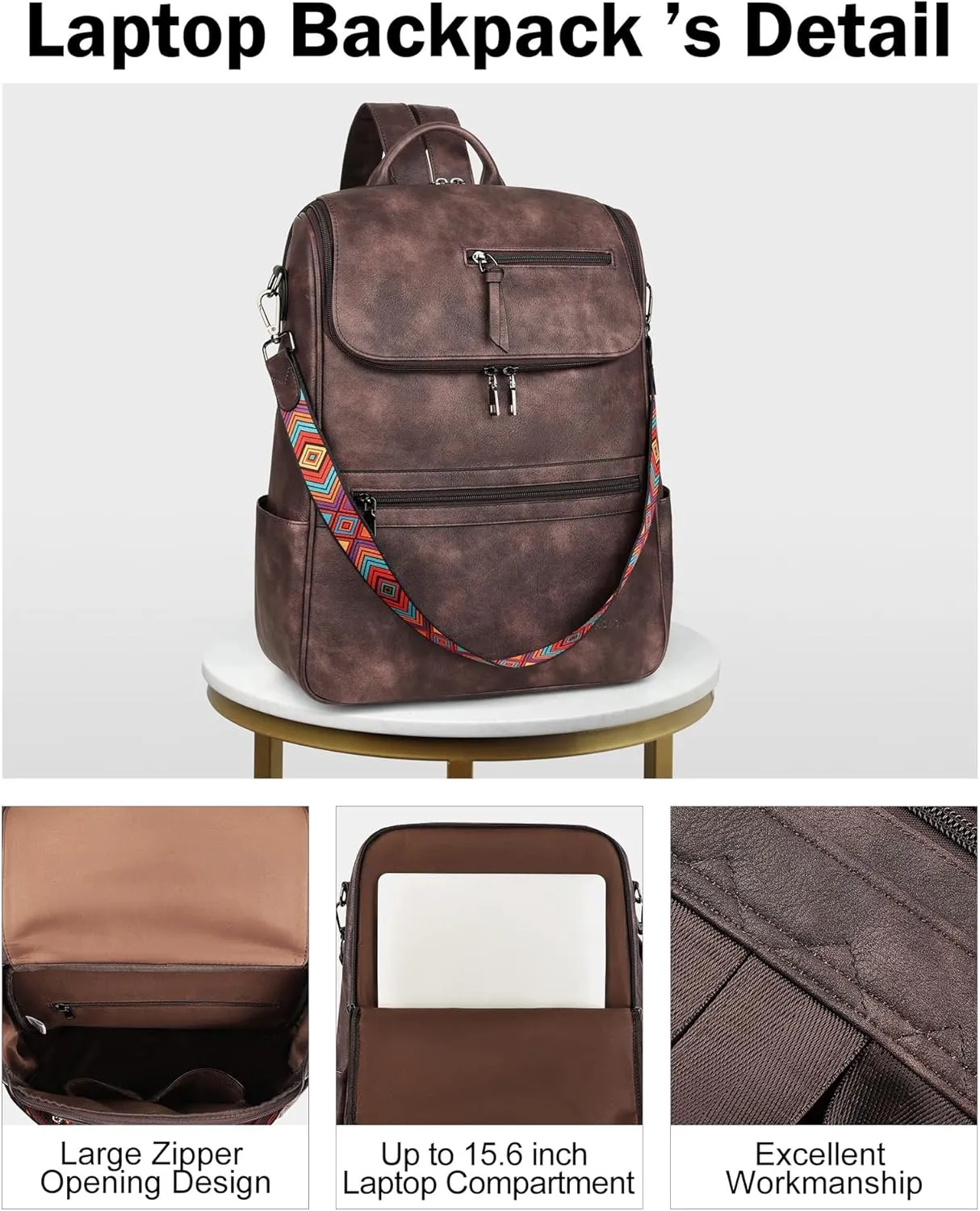 FADEON Laptop Backpack for Women Leather Travel Backpack with Laptop Compartment, Designer Ladies Computer Backpacks Coffee