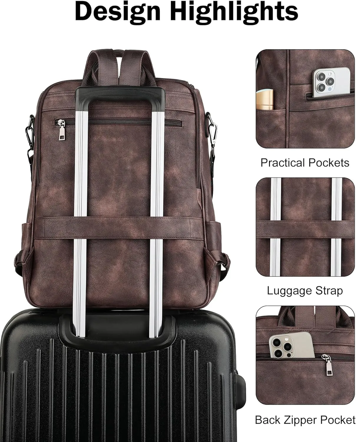 FADEON Laptop Backpack for Women Leather Travel Backpack with Laptop Compartment, Designer Ladies Computer Backpacks Coffee