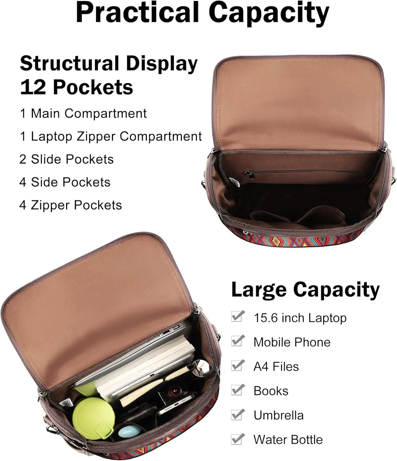 FADEON Laptop Backpack for Women Leather Travel Backpack with Laptop Compartment, Designer Ladies Computer Backpacks Coffee