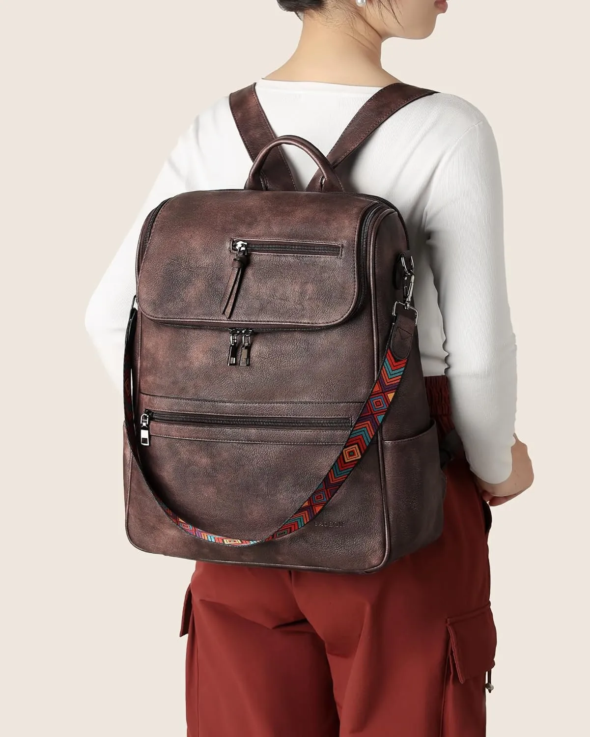 FADEON Laptop Backpack for Women Leather Travel Backpack with Laptop Compartment, Designer Ladies Computer Backpacks Coffee