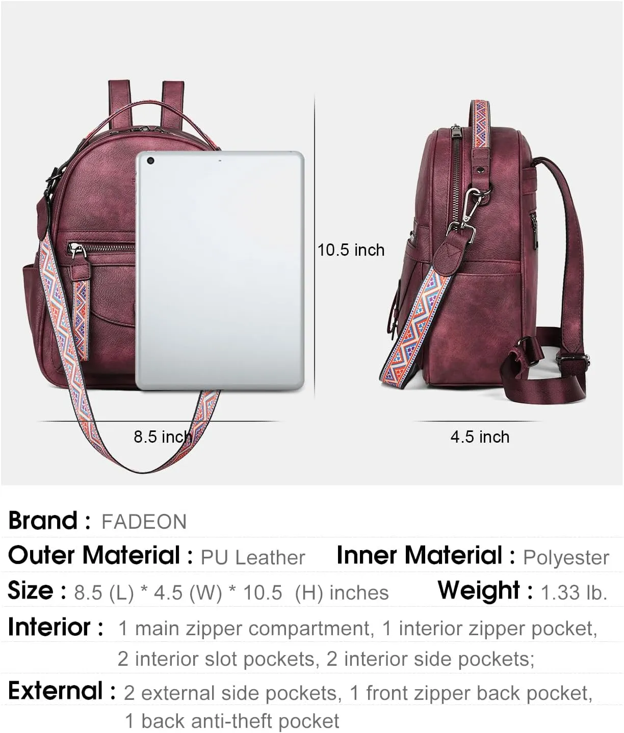 FADEON Mini Backpack Purse for Women, Designer Leather Cute Roomly Backpacks, Daily Ladies Shoulder Backpack Fashion Handbag