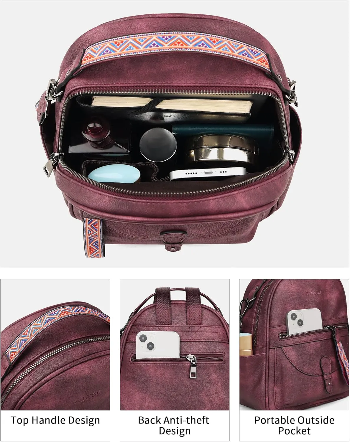 FADEON Mini Backpack Purse for Women, Designer Leather Cute Roomly Backpacks, Daily Ladies Shoulder Backpack Fashion Handbag