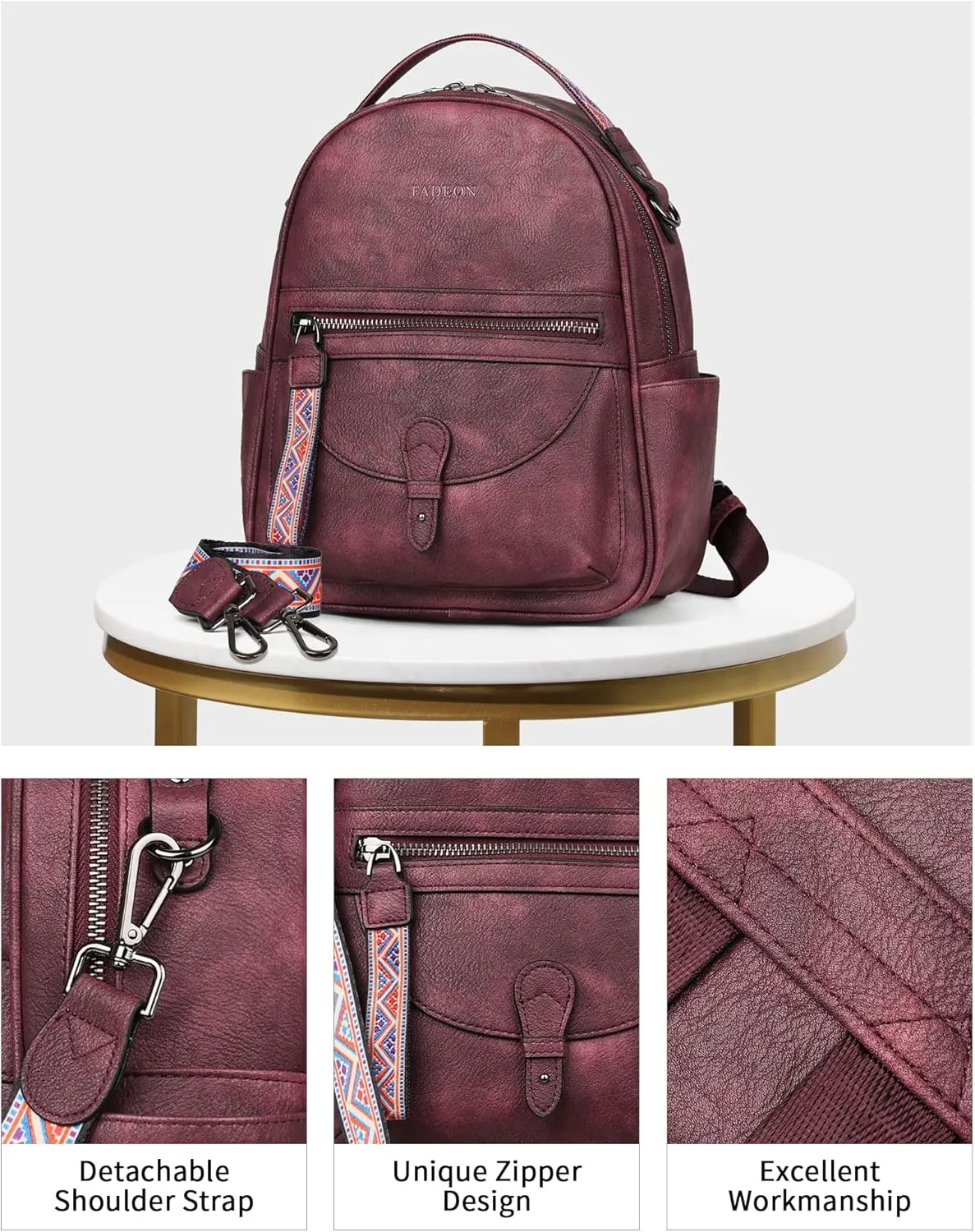 FADEON Mini Backpack Purse for Women, Designer Leather Cute Roomly Backpacks, Daily Ladies Shoulder Backpack Fashion Handbag
