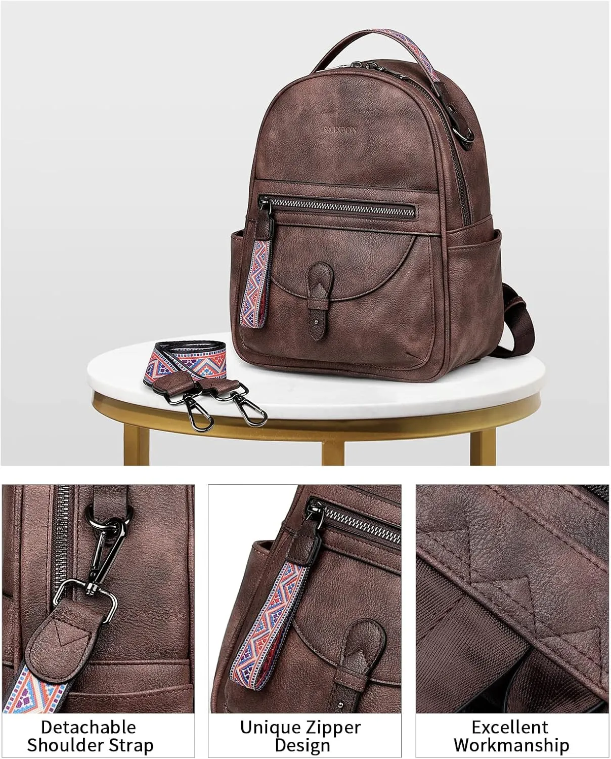 FADEON Mini Backpack Purse for Women, Designer Leather Cute Roomly Small Backpacks, Ladies Shoulder Backpack Fashion Handbag