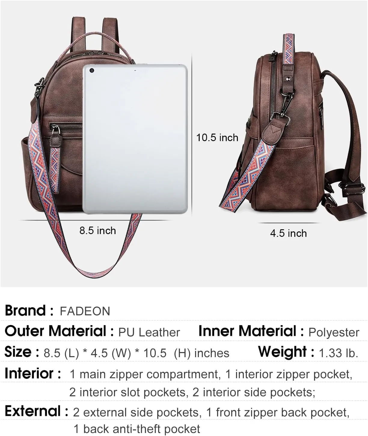 FADEON Mini Backpack Purse for Women, Designer Leather Cute Roomly Small Backpacks, Ladies Shoulder Backpack Fashion Handbag
