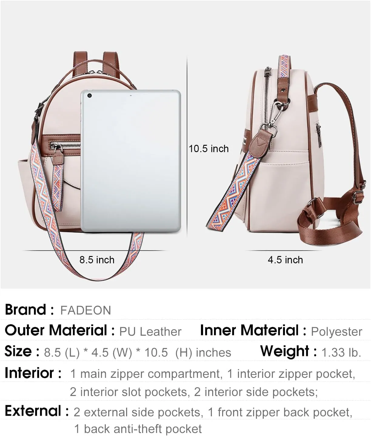 FADEON Mini Backpack Purse for Women, Designer Leather Cute Roomly Small Backpacks, Ladies Shoulder Backpack Fashion Handbag