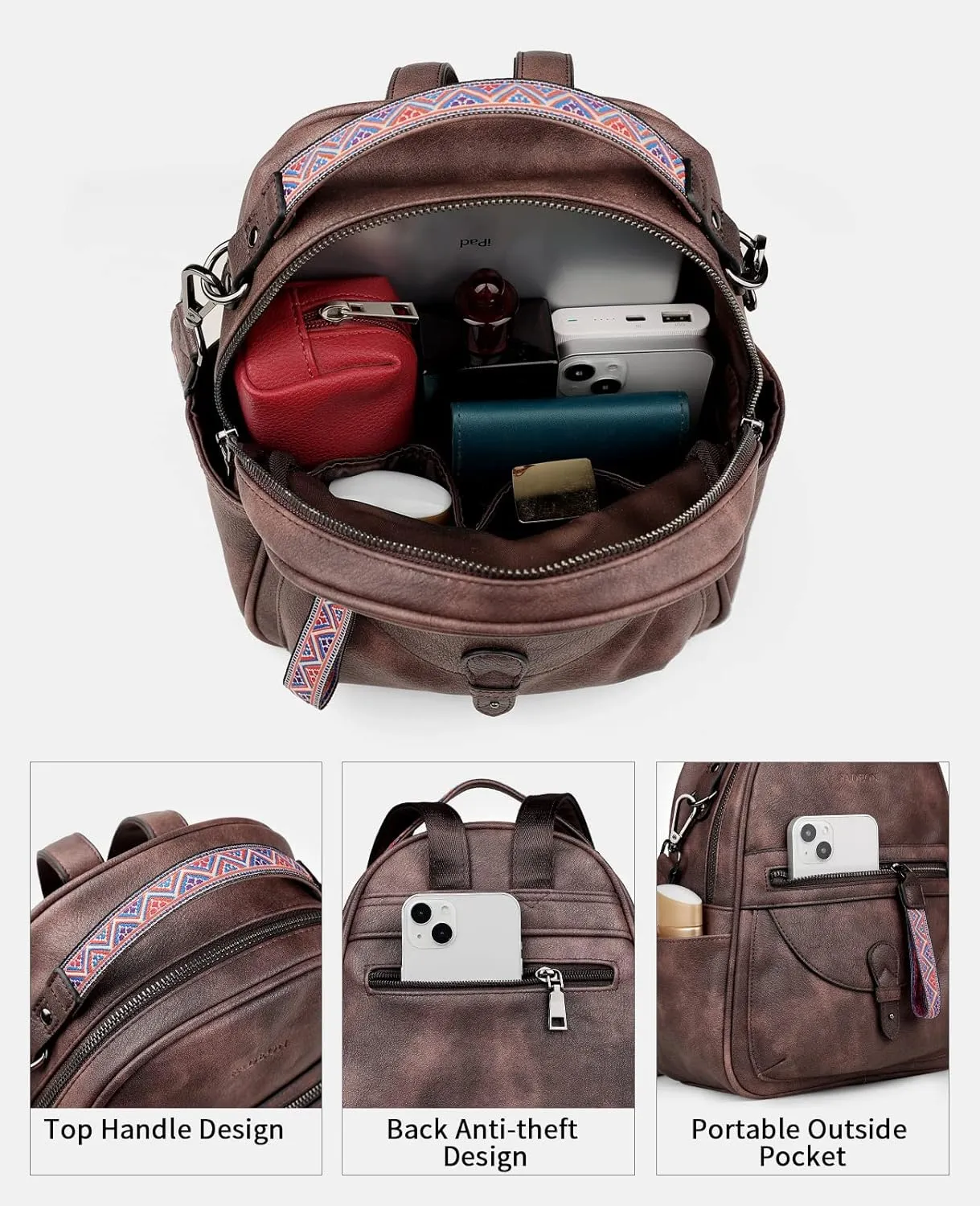 FADEON Mini Backpack Purse for Women, Designer Leather Cute Roomly Small Backpacks, Ladies Shoulder Backpack Fashion Handbag