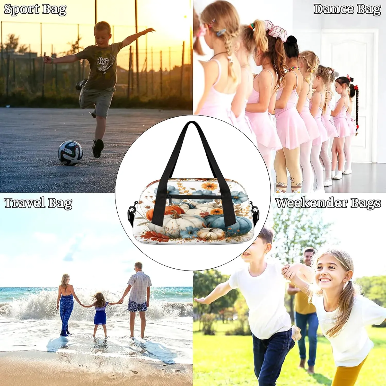 Fall Flowers Pumpkins Kids Duffel Bag Lightweight Waterproof Sports Gym Bag with Front Zipper Pocket Foldable Weekender Overnight Bag for School Practice Gymnastic Ballet