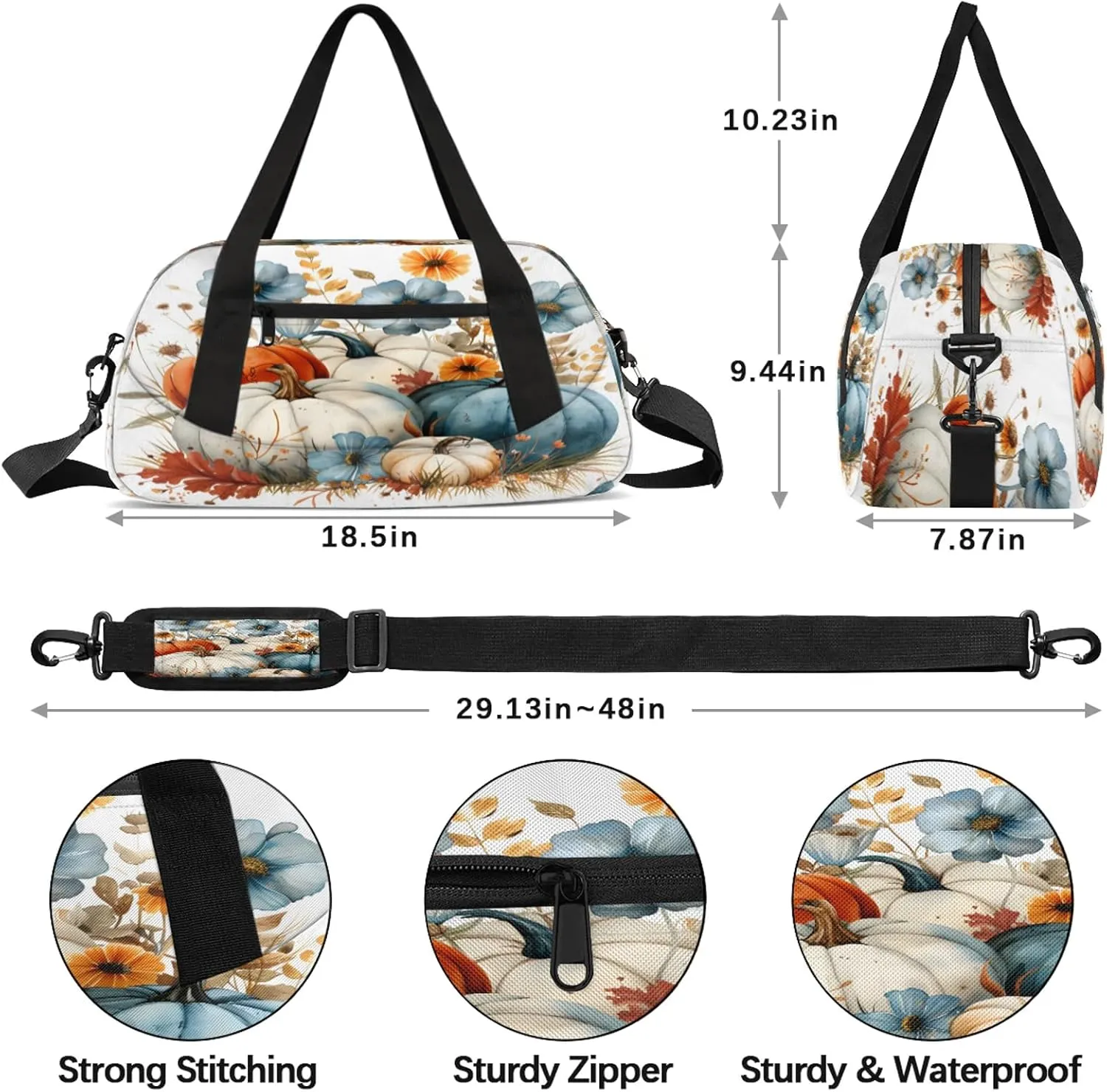 Fall Flowers Pumpkins Kids Duffel Bag Lightweight Waterproof Sports Gym Bag with Front Zipper Pocket Foldable Weekender Overnight Bag for School Practice Gymnastic Ballet