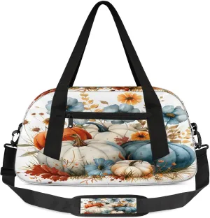 Fall Flowers Pumpkins Kids Duffel Bag Lightweight Waterproof Sports Gym Bag with Front Zipper Pocket Foldable Weekender Overnight Bag for School Practice Gymnastic Ballet