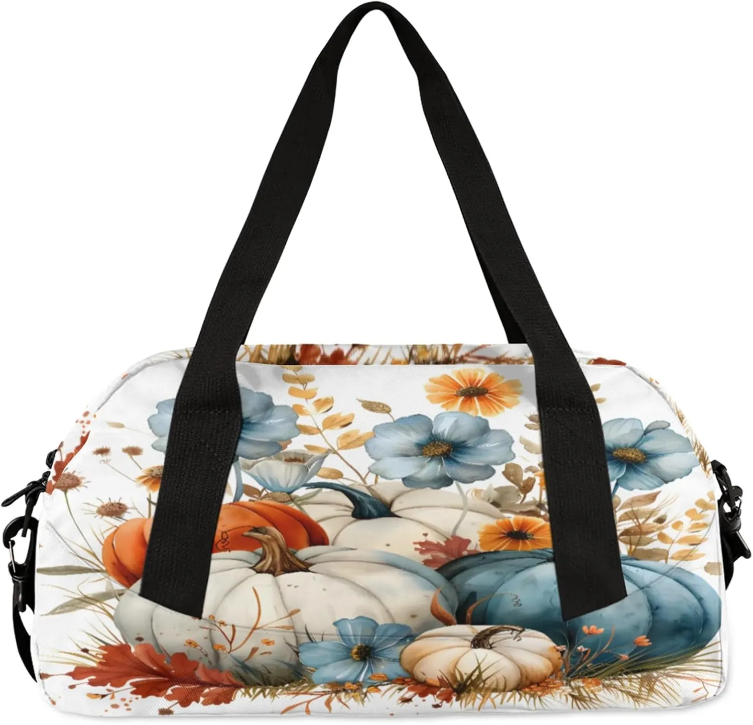 Fall Flowers Pumpkins Kids Duffel Bag Lightweight Waterproof Sports Gym Bag with Front Zipper Pocket Foldable Weekender Overnight Bag for School Practice Gymnastic Ballet