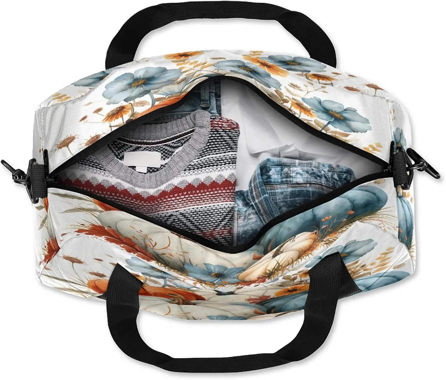 Fall Flowers Pumpkins Kids Duffel Bag Lightweight Waterproof Sports Gym Bag with Front Zipper Pocket Foldable Weekender Overnight Bag for School Practice Gymnastic Ballet