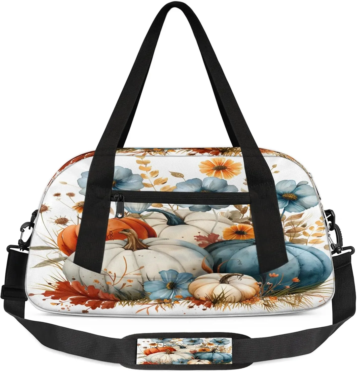Fall Flowers Pumpkins Kids Duffel Bag Lightweight Waterproof Sports Gym Bag with Front Zipper Pocket Foldable Weekender Overnight Bag for School Practice Gymnastic Ballet